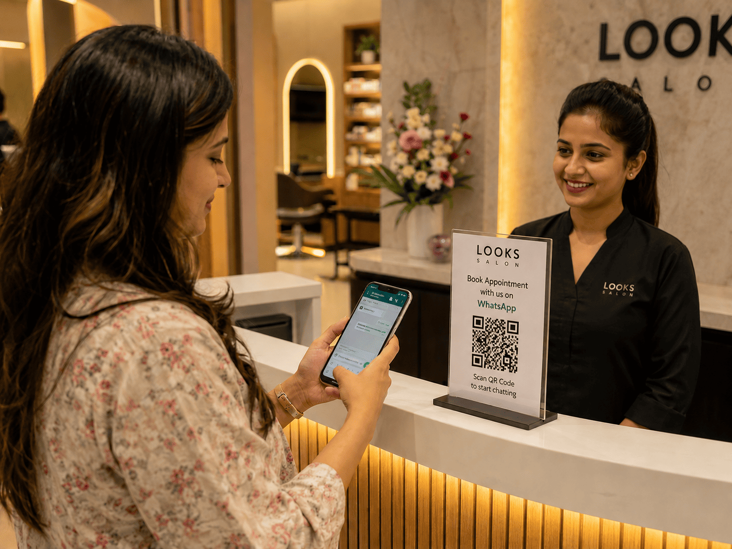 Customer scanning QR code to book appointment via WhatsApp